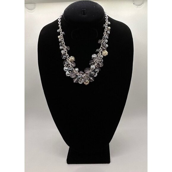 Cha-Cha Necklace Silver-tone Grey Colored Beads Chain Chunky Statement - Picture 2 of 7